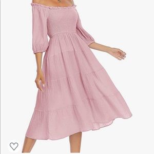 Pink Ruffled off shoulder A line midi dress
